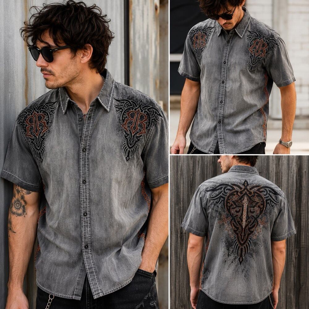 Roar Signature Shirt Men 2XL Gray Embroidered Y2K Biker Western Button Up Grunge
